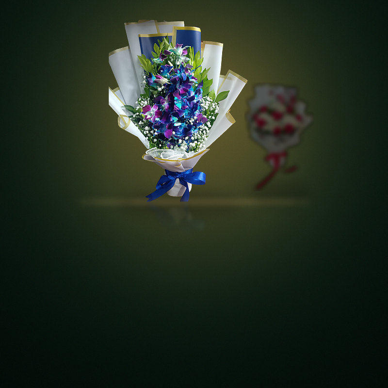 Hand-tied blue orchid bouquet in a gold-edged wrap from Coimbatore Flowers